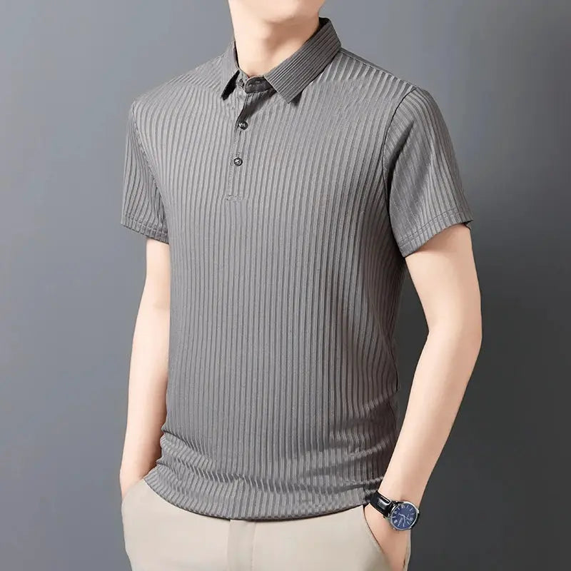 Men's gray striped polo shirt with short sleeves and collar