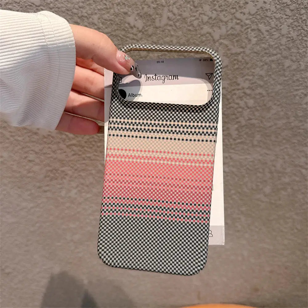 Kevlar carbon-fiber PC iPhone case with shockproof camera bumper in black-white checkered with pink beige stripes
