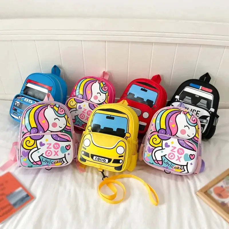 Kids' police car and unicorn mini backpacks set of 7 by Simples Market, colorful designs