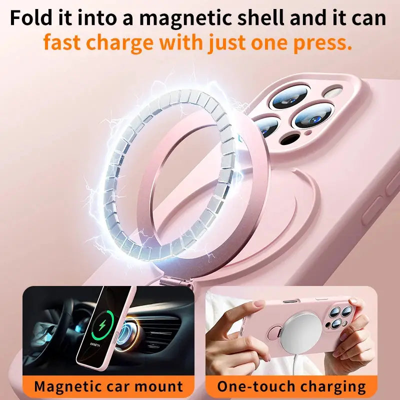 Simples Market pink silicone MagSafe phone case with magnetic ring, supports wireless charging.