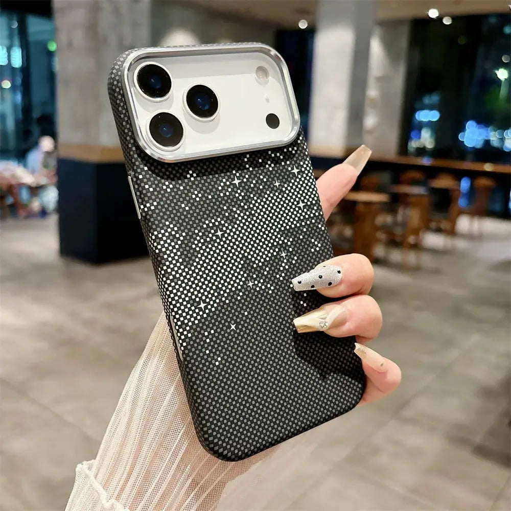 Kevlar carbon fiber phone case for iPhone 17 Pro Max by Simples Market; ultra-thin cover with magnetic wireless charging