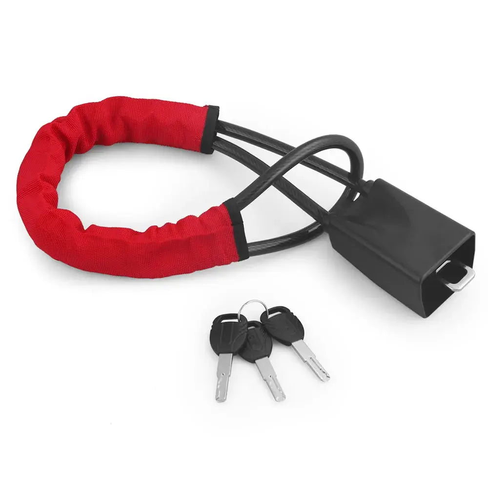 Car steering wheel lock with red fabric loop, steel cable, and 3 keys by Simples Market