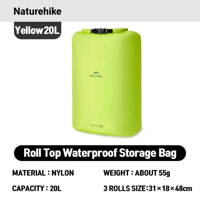Roll-top storage bag by Naturehike, neon green nylon, 20L capacity