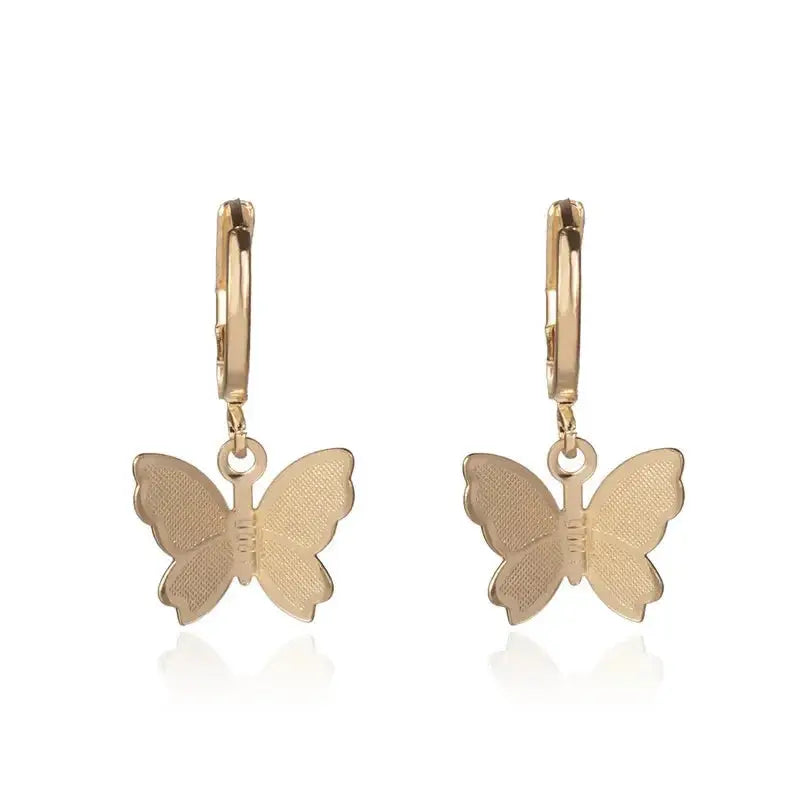 Gold-tone butterfly drop earrings on small hoops; pair.