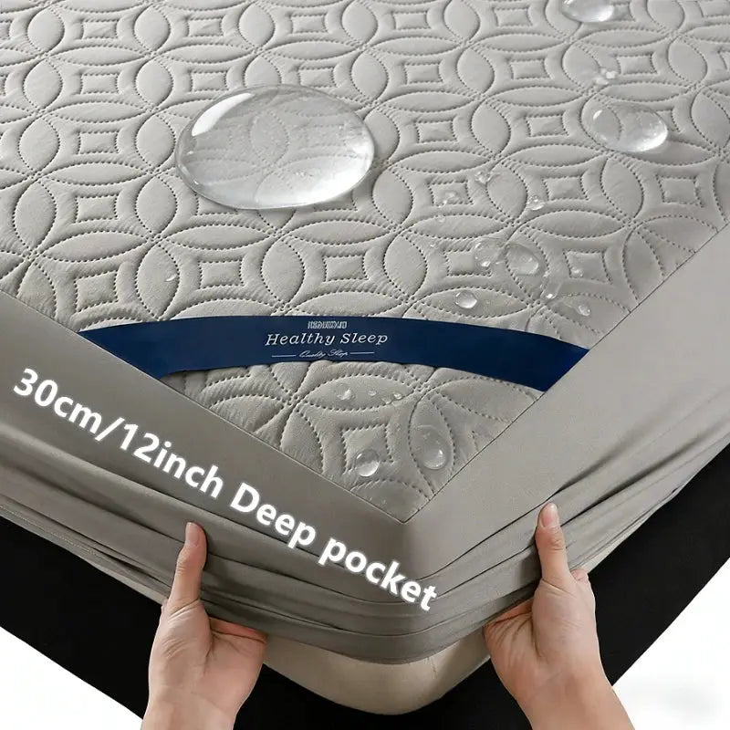 Simples Market Ultrasonic Quilted Waterproof Mattress Protector with 30cm deep pocket, breathable grey fitted sheet