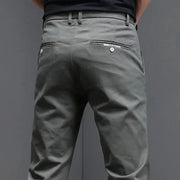Men's casual pants, gray slim-fit cotton blend, back welt pockets with buttons, belt loops