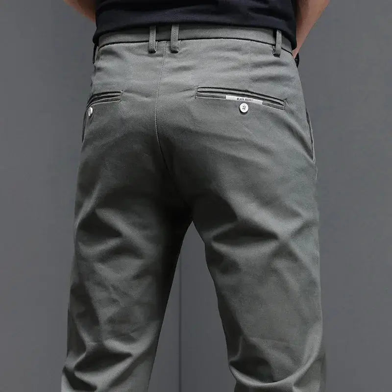 Men's casual pants, gray slim-fit cotton blend, back welt pockets with buttons, belt loops