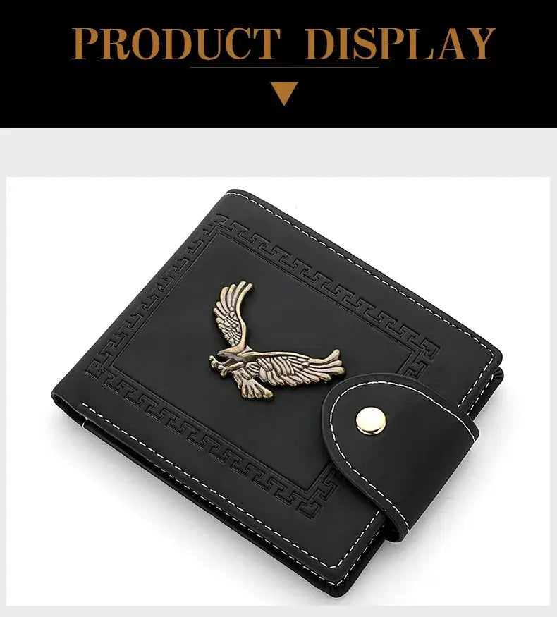 Men's black PU leather folding wallet with gold eagle emblem and white stitching