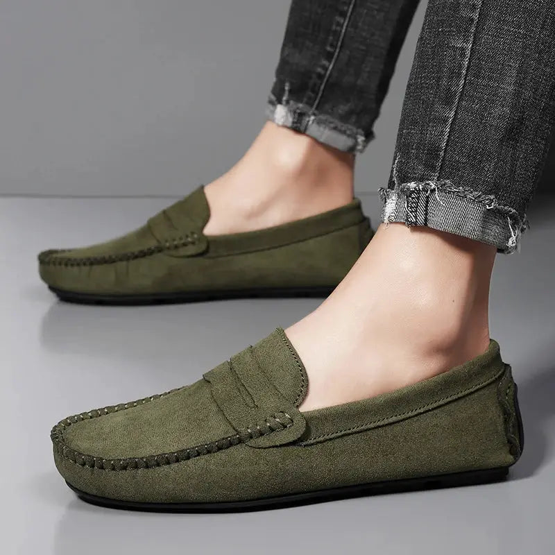 Men's olive green suede loafers, slip-on pair with moccasin stitching