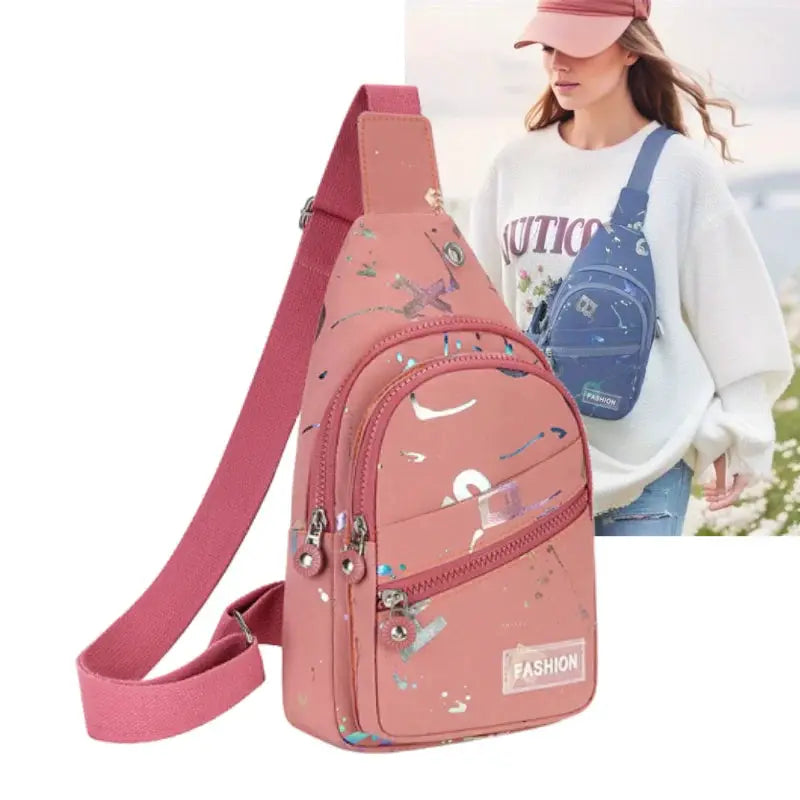 Pink and blue chest bag crossbody sling backpacks for women by Simples Market; blue version visible in background