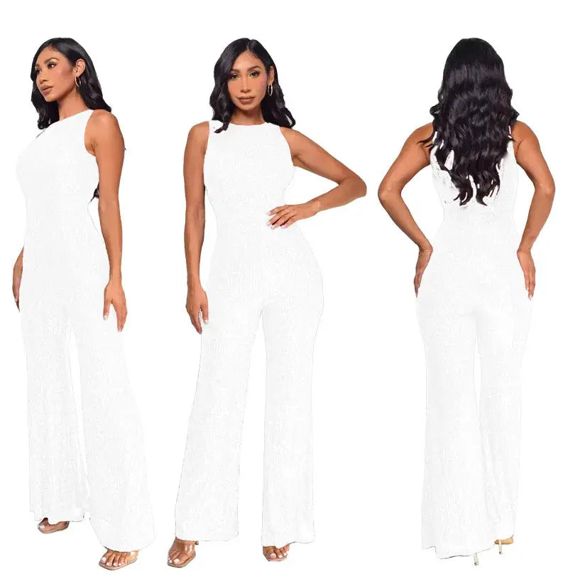 Jumpsuit by Simples Market: white sleeveless high-waisted seamless jumpsuit; glamorous party wear, front/side/back.
