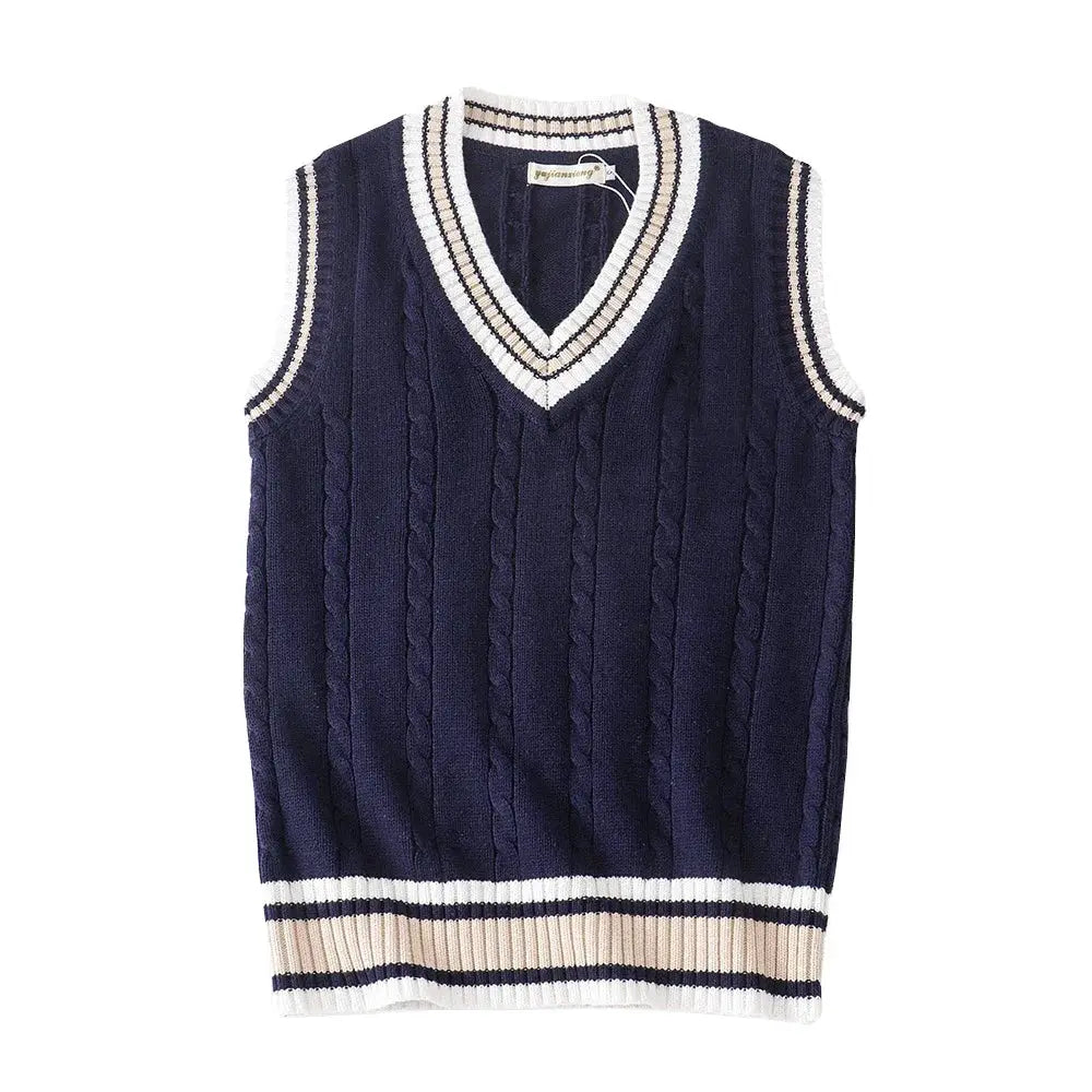 Men's navy knit sweater vest with V-neck, cable-knit panels and striped trim, Simples Market