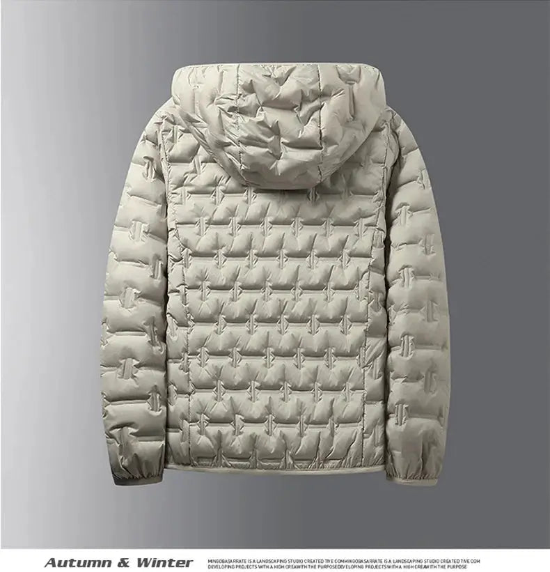 Winter White men's graphene self-heating hooded puffer jacket by Simples Market; quilted windproof down coat