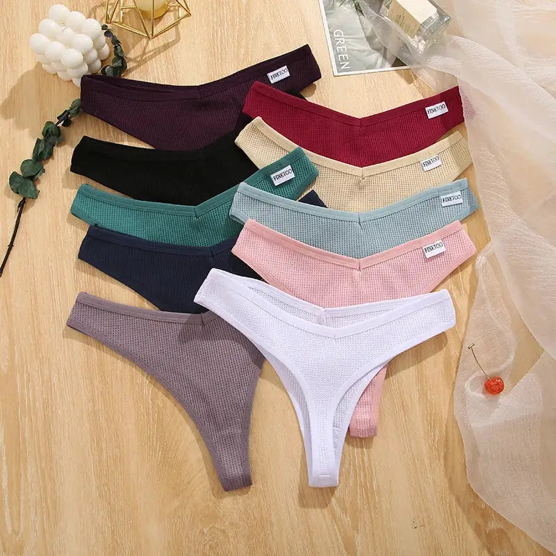 Waffle cotton thong panties for women in assorted colors, size S–XL