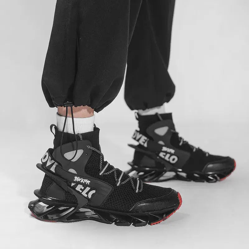Men's black sneakers with mesh upper, sculpted sole and ankle strap accents