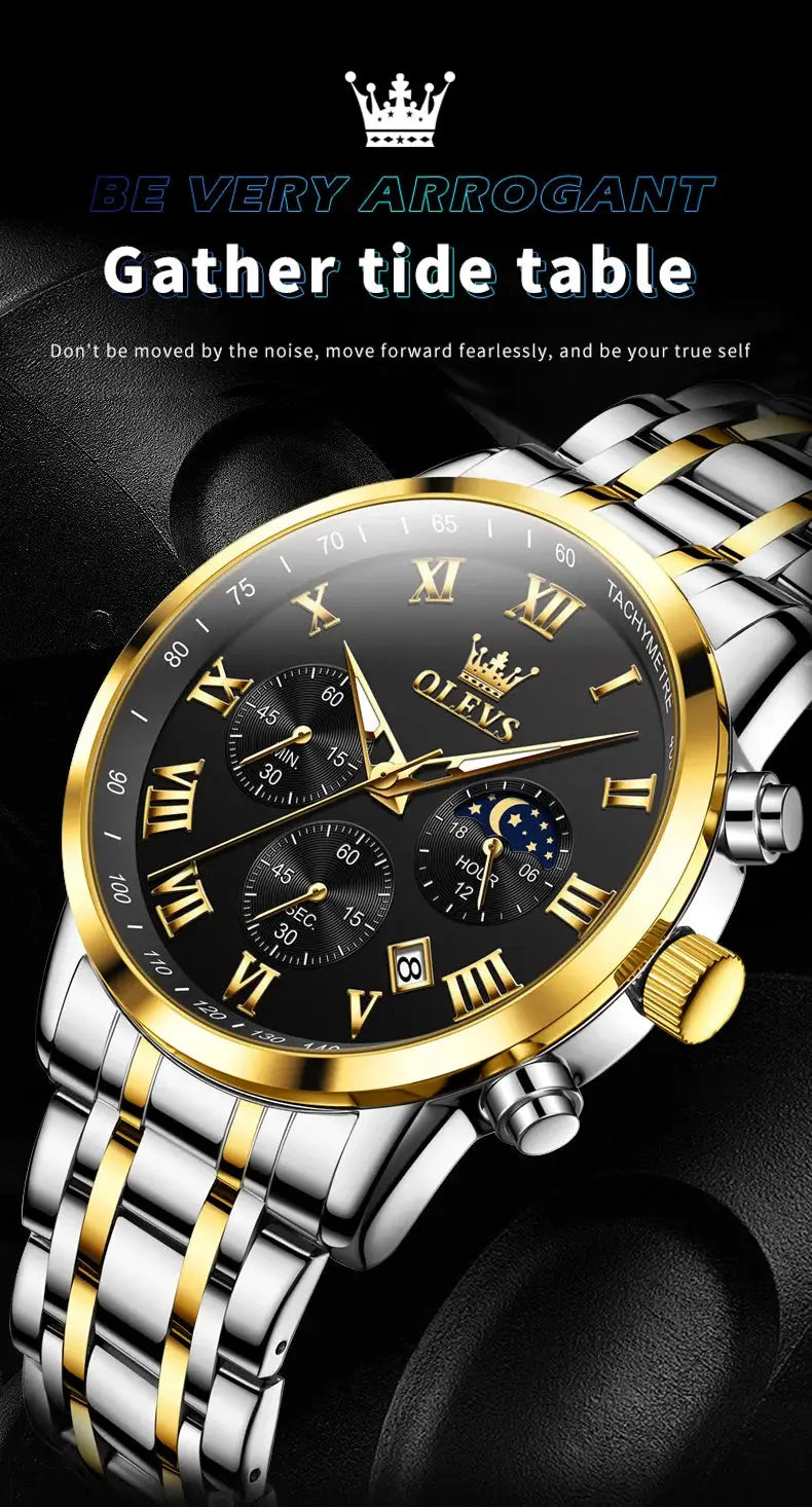 OLEVS men's quartz watch with gold bezel, black dial, Roman numerals, lunar phase, 3 subdials, two-tone bracelet.