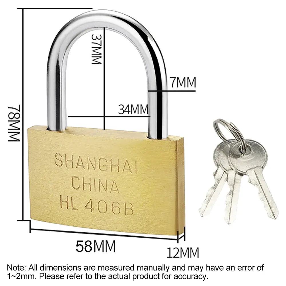 Brass padlock with silver shackle and 3 keys; for luggage, cases, and lockers