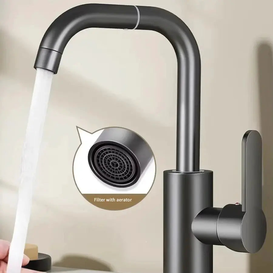 360° rotating hot and cold water faucet by Simples Market in dark stainless steel with aerator filter