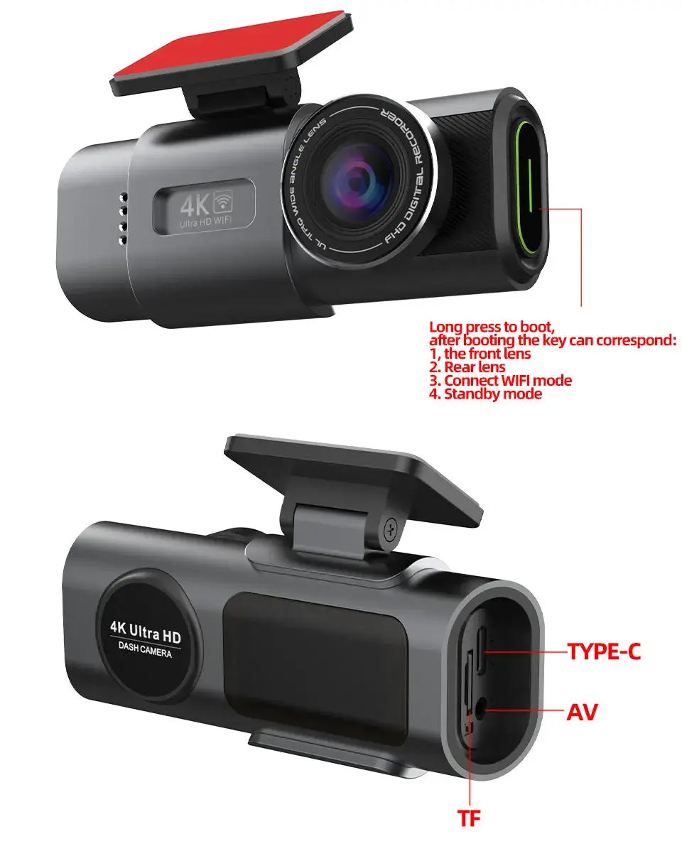 Dash cam 4K Ultra HD with front lens and optional rear lens, GPS/WiFi, TF card slot, Type-C/AV ports.