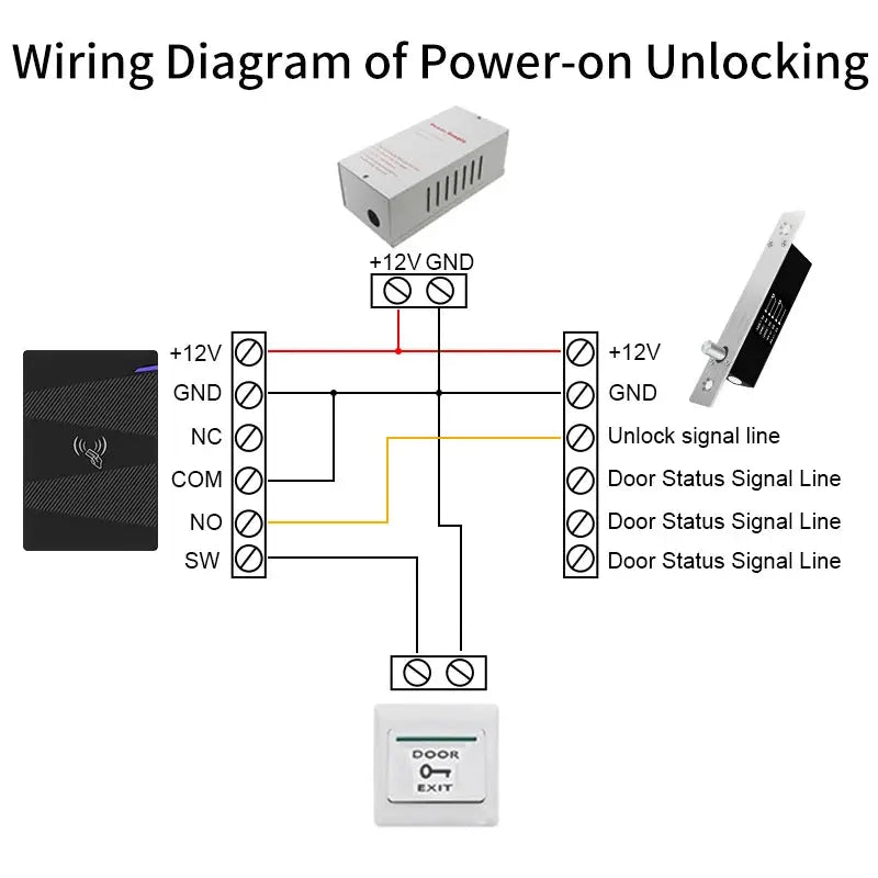 Electronic bolt lock DC12V with normally open/closed modes; Simples Market wiring diagram for cabinet access control