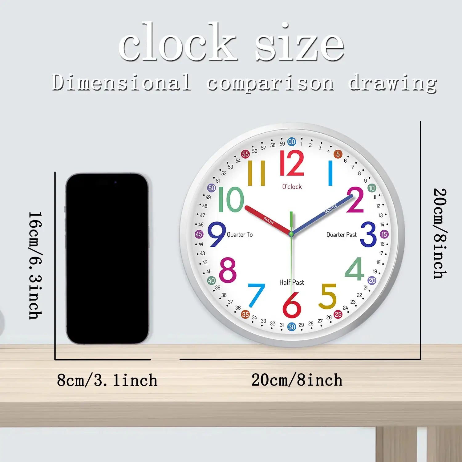 8-inch Simples Market wall clock, modern minimalist plastic and glass with colorful numerals, silent quartz