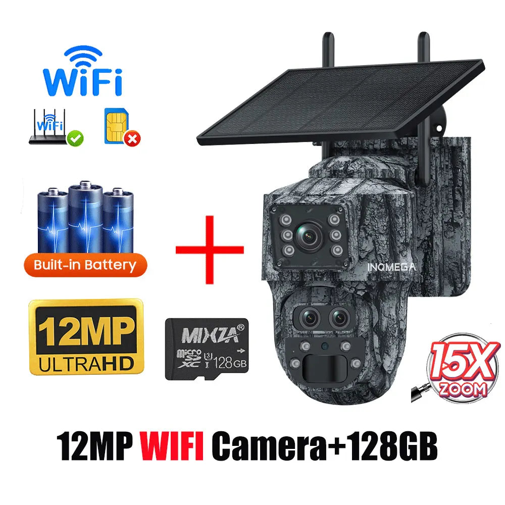 INQMEGA solar-powered WiFi PTZ security camera with built-in battery, 12MP UltraHD, and 128GB microSD