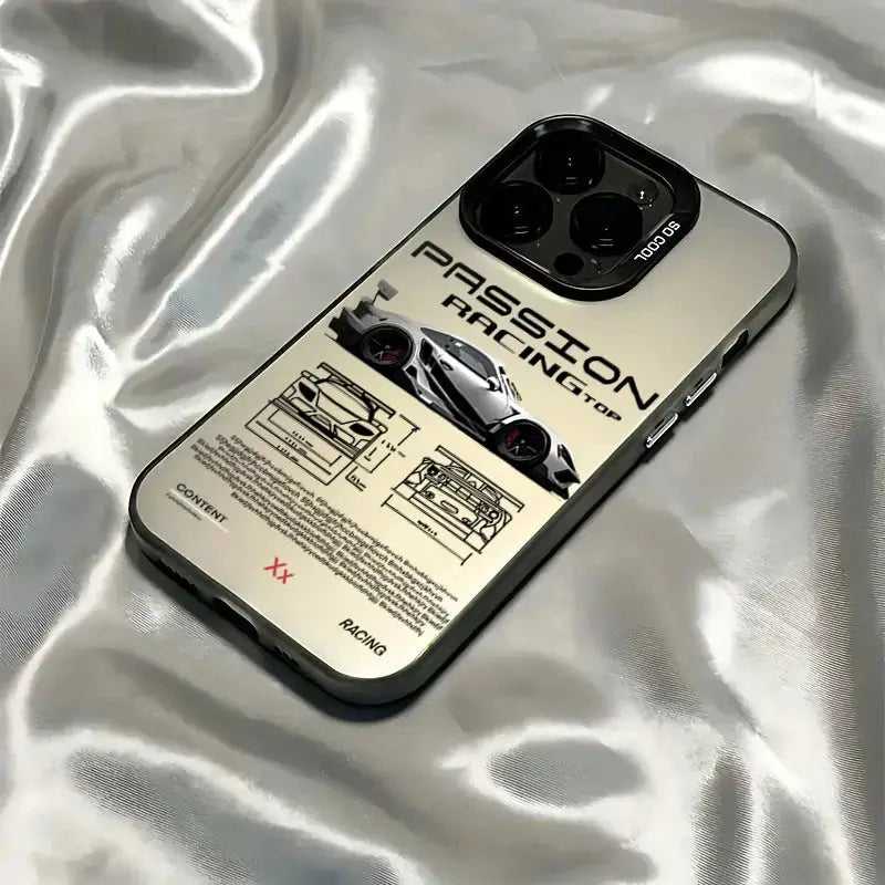 Phone case beige racing-style hard shell with car graphic for iPhone models including 7/8 Plus to 17 Pro Max