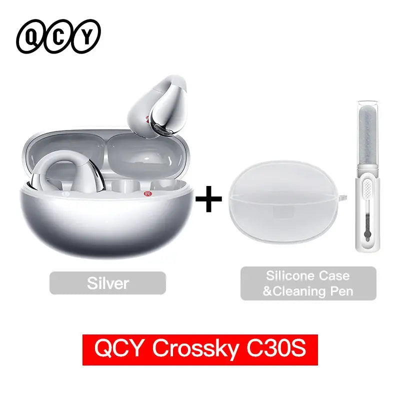 QCY Crossky C30S open-ear wireless earbuds in silver with charging case, plus silicone case and cleaning pen