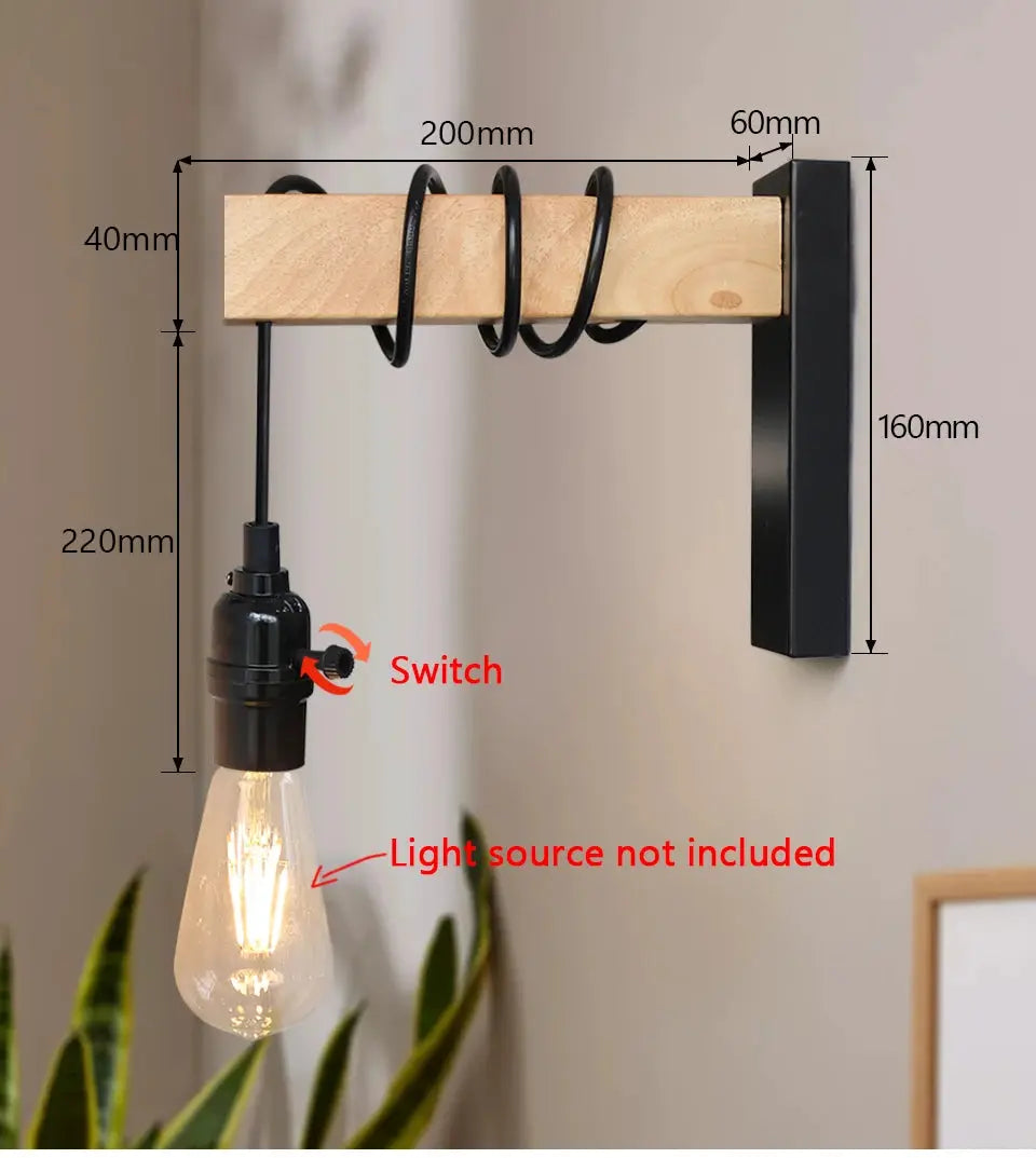 Wall light with switch, iron wood wall lamp with E27 retro indoor sconce, 110V/220V