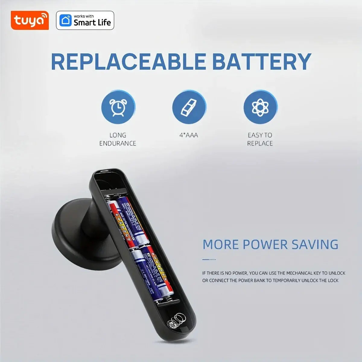 Tuya smart biometric door lock with fingerprint and password app unlock, black door handle with replaceable battery