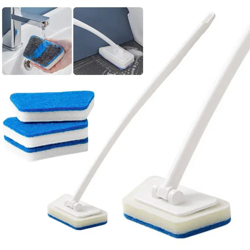 Bathroom sponge cleaning brush set of 2 with long white handles and blue replaceable sponge heads