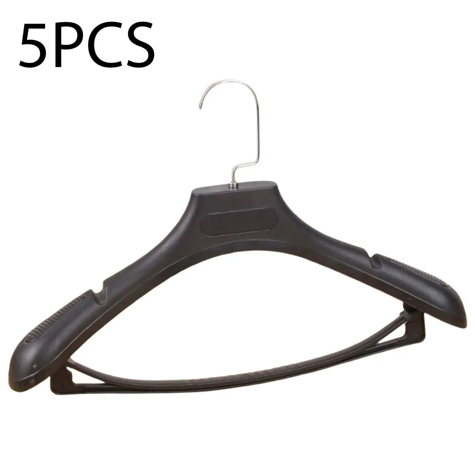 5pcs wide-shoulder black plastic clothing hangers with metal hooks for wardrobe storage