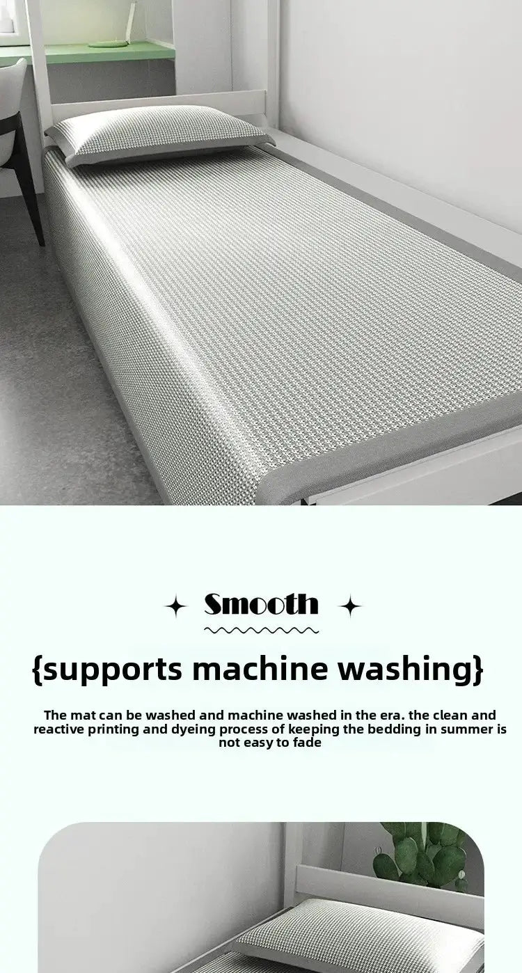 Ice Silk sleeping mat for college dorm bed, silver-gray jacquard cooling pad with breathable nonwoven cover.