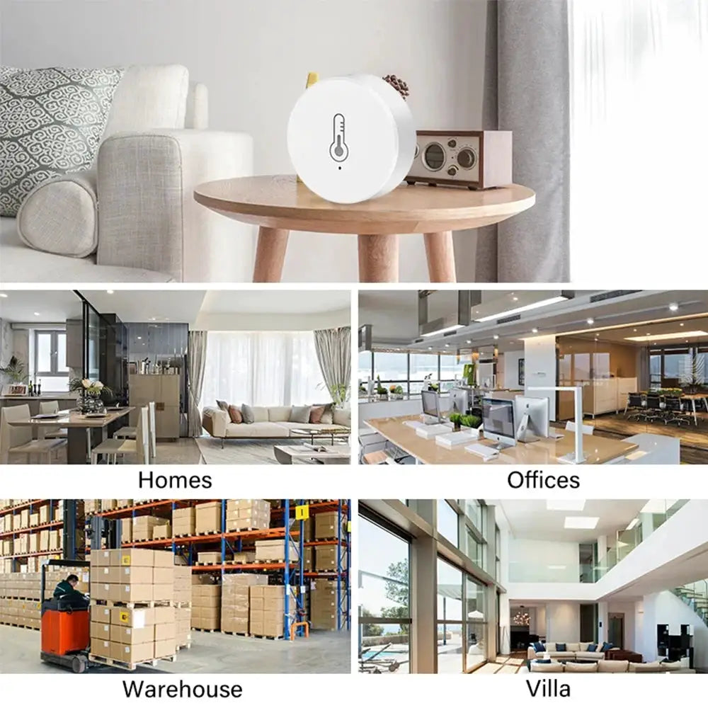 Tuya Zigbee temp/humidity sensor hygrometer by Simples Market; white round device for Smart Life, shown in 4 settings