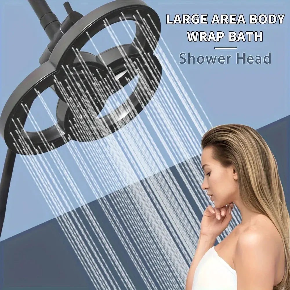 Overhead rainfall shower head with a large circular ring design and high‑pressure spray