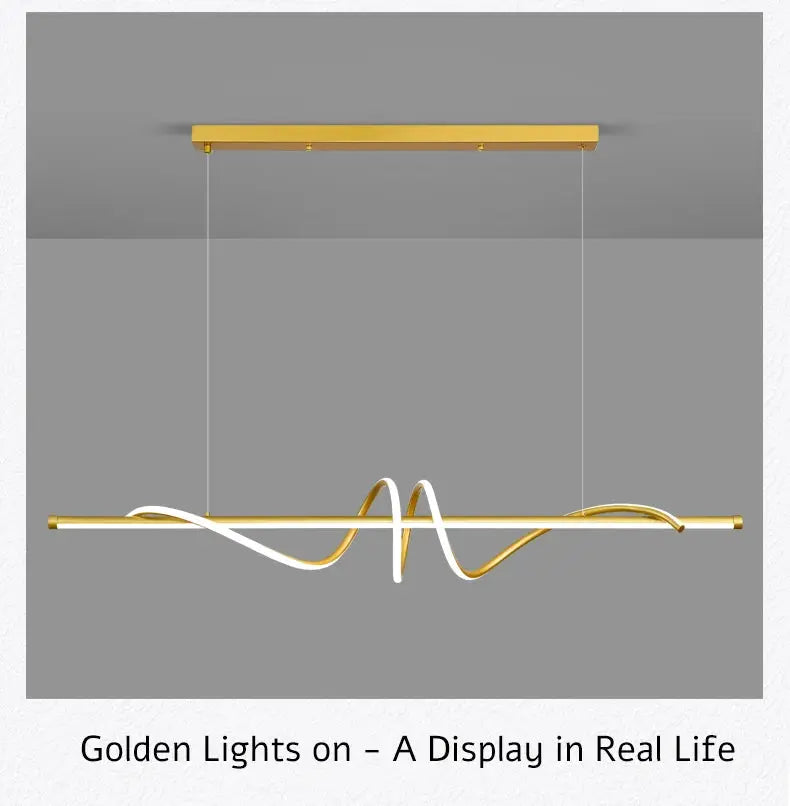 Modern LED pendant light with a gold bar and white spiral accents, ceiling-mounted for living room or dining area