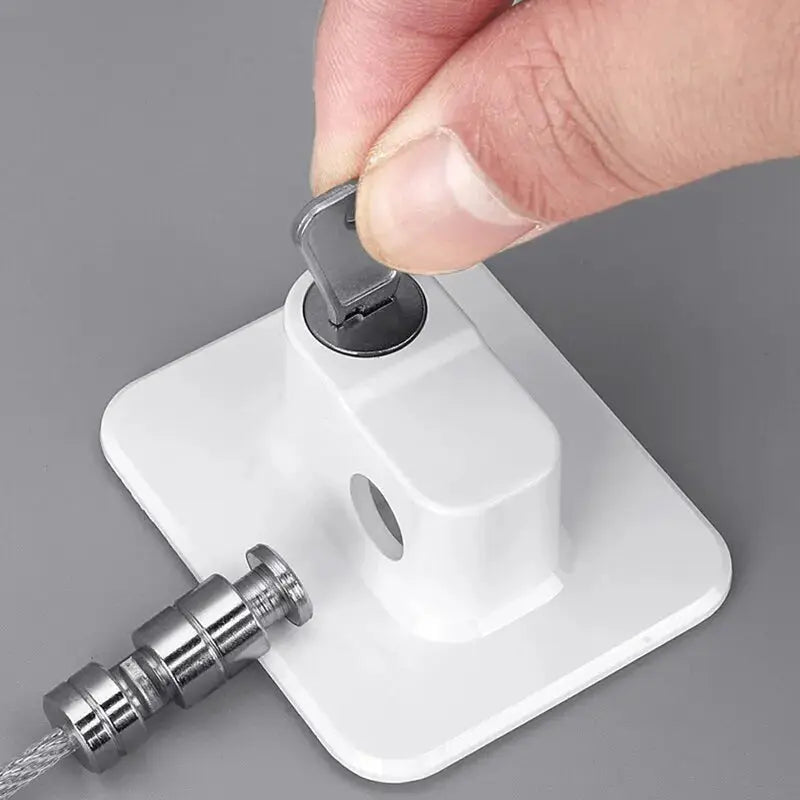 White plastic baby safety lock mounting plate with steel cable and metal latch for windows or fridge doors