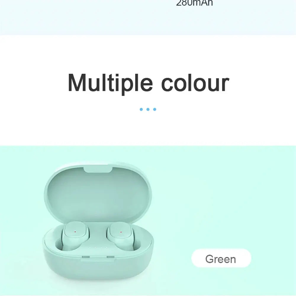A6S wireless Bluetooth earphones in green with charging case