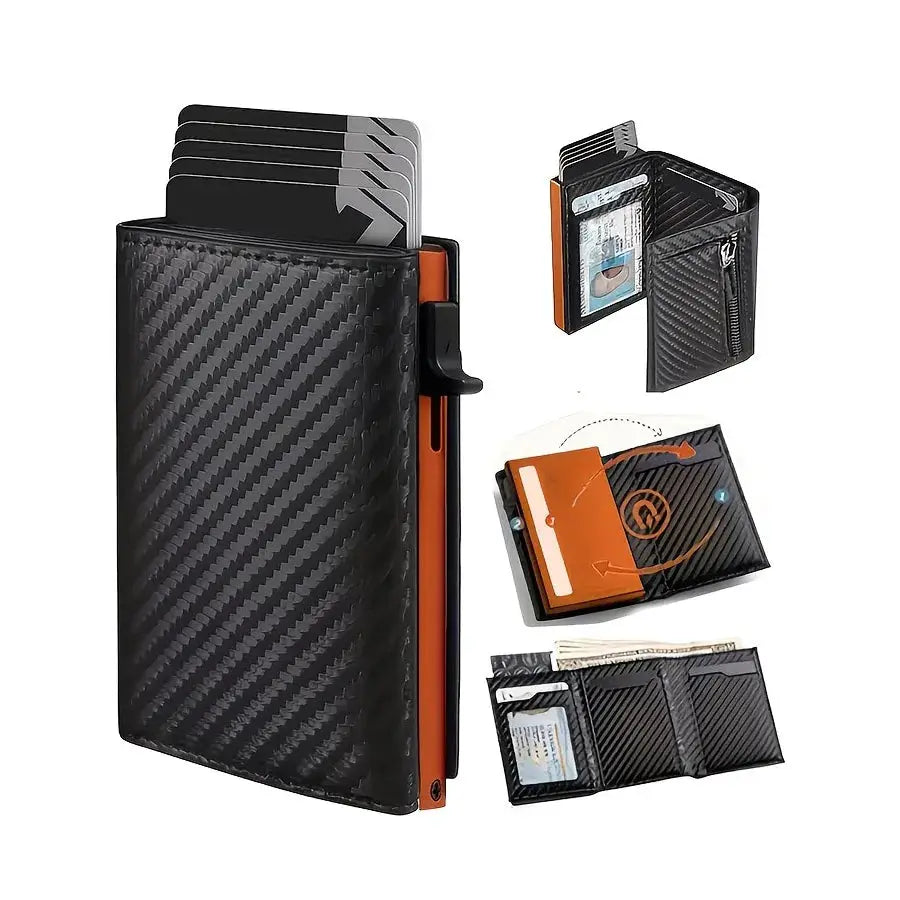 Unisex Minimalist Zipper Wallet With Coin Purse And Automatic Pop Up Metal Card Holder RFID Blocking