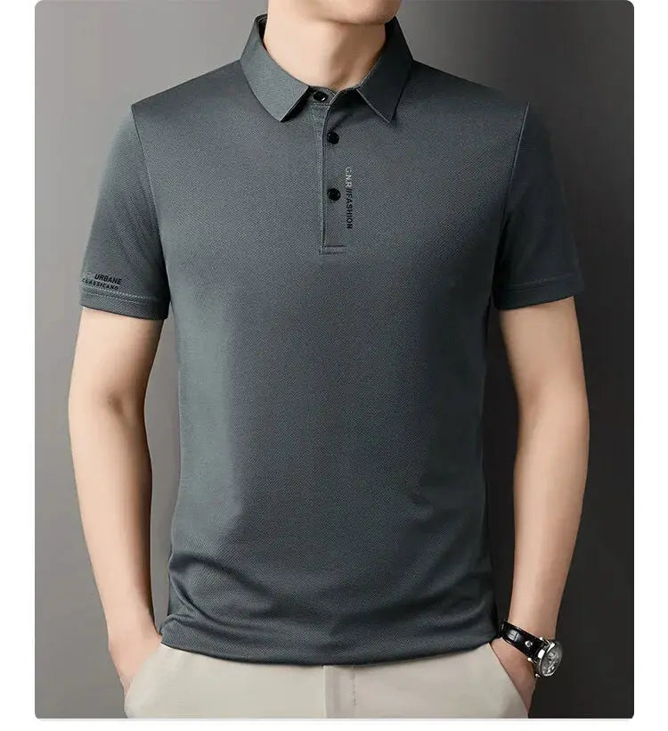 Polo shirt, Simples Market men's ice-silk polo in charcoal gray with short sleeves and button placket.