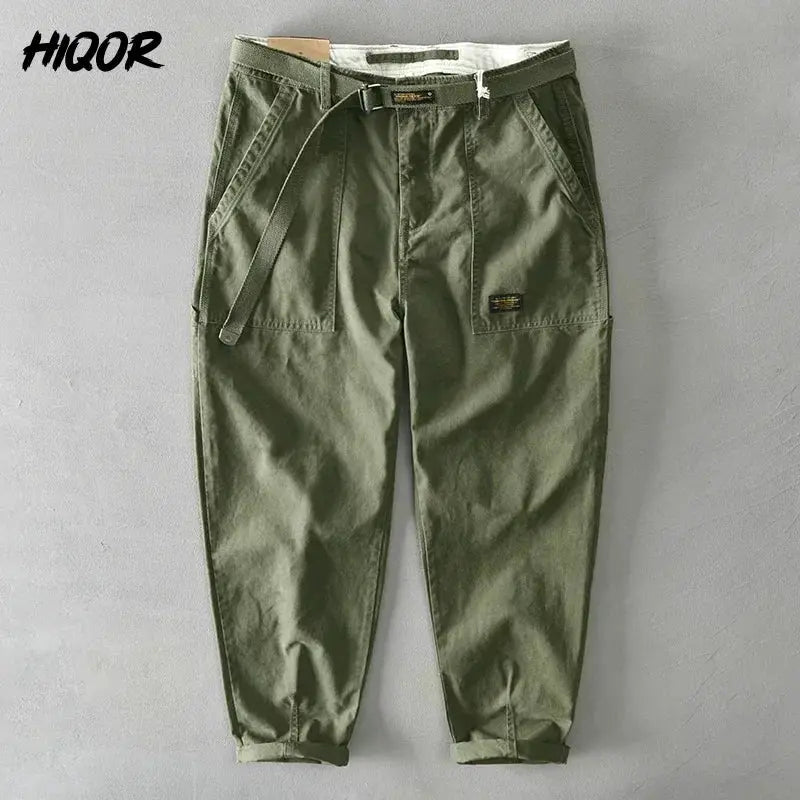 HIQOR men's olive green 100% cotton cargo pants with belt, front pockets, and rolled cuffs.
