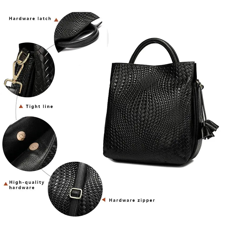 Women's black woven handbag with top handles, gold-tone hardware and tassel zipper