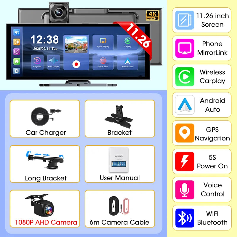 Develuck 4K Dash Cam With Wireless CarPlay Android Auto 5G Navigation