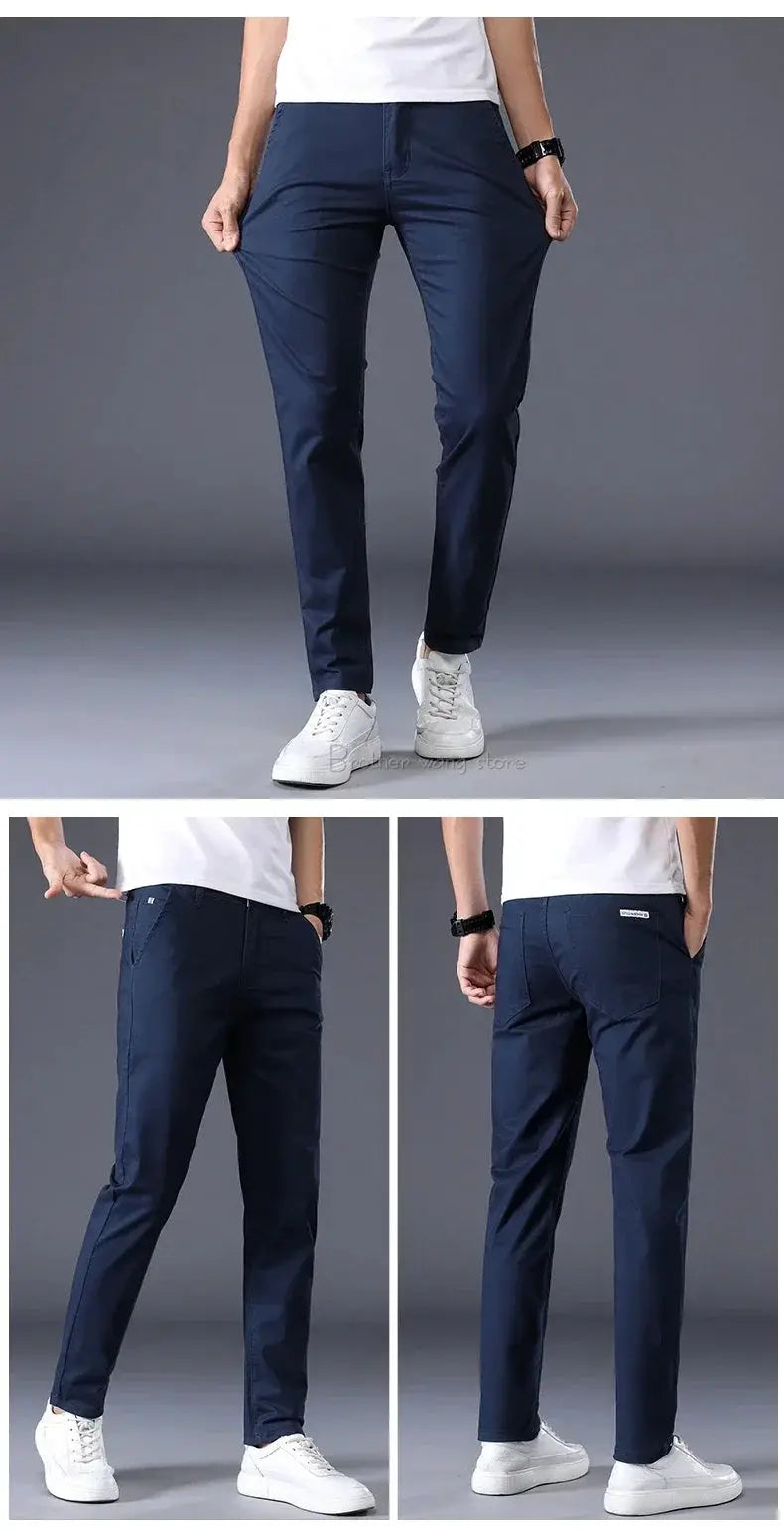 Men's navy cotton casual pants; summer, elastic waistband, straight slim fit