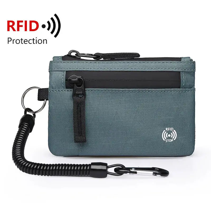 Zipper RFID wallet mini coin purse in teal nylon with wrist strap and carabiner clip