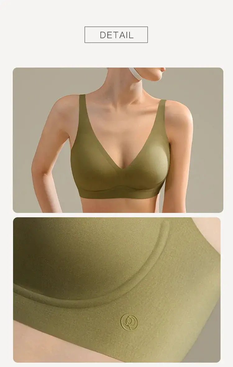 SUJIIN seamless wireless bra olive green, padded V-neck bralette by Simples Market