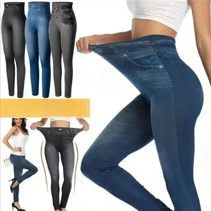 Denim printed leggings by Simples Market for women, high-waisted and ultra-stretchy, shown in 4 color options.