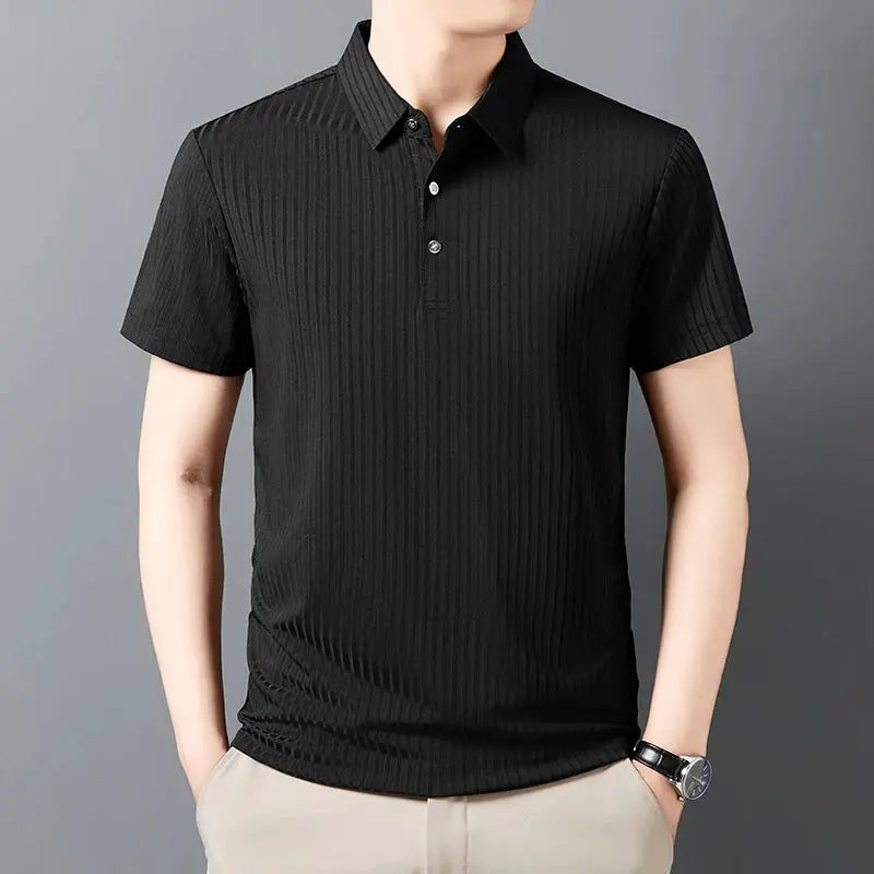 Men's black striped collar polo shirt, short sleeves with breathable fabric.