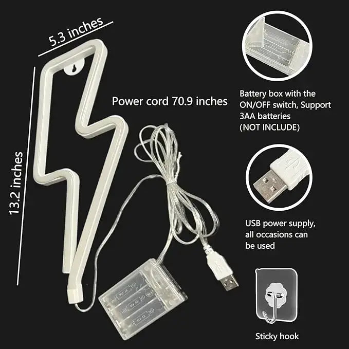 Lightning LED neon light by Simples Market; white bolt-shaped, USB/battery powered with battery pack.