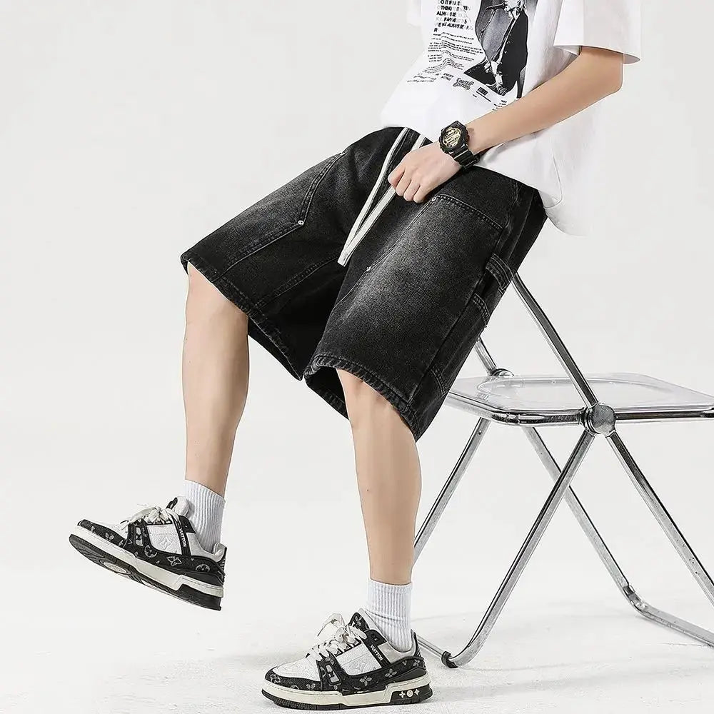 Men's denim shorts, black/blue, loose streetwear cargo moto style with spliced panels, Simples Market.